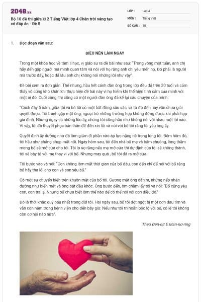 Bộ 10 đề thi giữa kì 2 Tiếng Việt lớp 4 Chân trời sáng tạo có đáp án - Đề 5