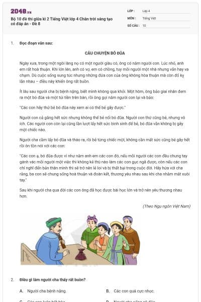 Bộ 10 đề thi giữa kì 2 Tiếng Việt lớp 4 Chân trời sáng tạo có đáp án - Đề 8