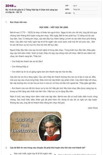 Bộ 10 đề thi giữa kì 2 Tiếng Việt lớp 4 Chân trời sáng tạo có đáp án - Đề 10