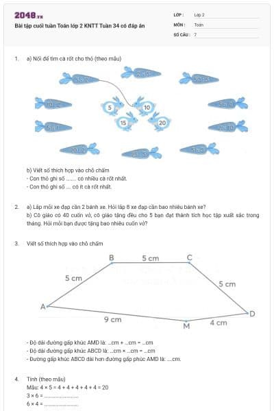 Bài tập cuối tuần Toán lớp 2 KNTT Tuần 34 có đáp án