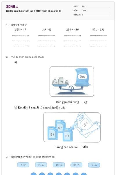 Bài tập cuối tuần Toán lớp 2 KNTT Tuần 35 có đáp án