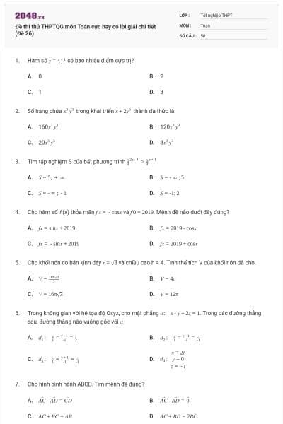 Đề thi thử THPTQG môn Toán cực hay có lời giải chi tiết (Đề 26)
