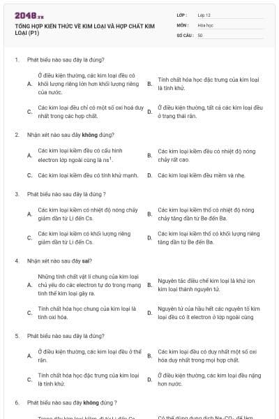 TỔNG HỢP KIẾN THỨC VỀ KIM LOẠI  VÀ HỢP CHẤT KIM LOẠI (P1)