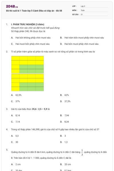 Đề thi cuối kì 1 Toán lớp 5 Cánh Diều có đáp án - Đề 08