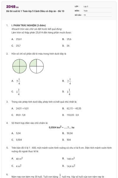 Đề thi cuối kì 1 Toán lớp 5 Cánh Diều có đáp án - Đề 10
