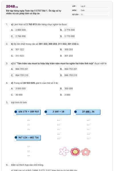 Bài tập hàng ngày Toán lớp 5 CTST Bài 1. Ôn tập số tự nhiên và các phép tính có đáp án