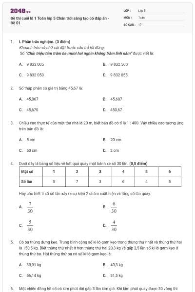 Đề thi cuối kì 1 Toán lớp 5 Chân trời sáng tạo có đáp án - Đề 01
