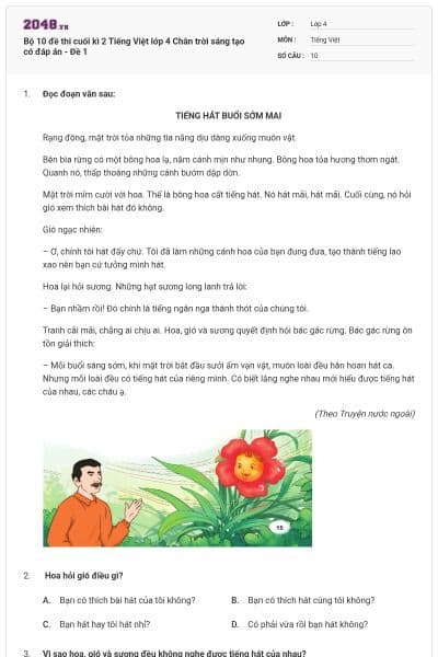 Bộ 10 đề thi cuối kì 2 Tiếng Việt lớp 4 Chân trời sáng tạo có đáp án - Đề 1