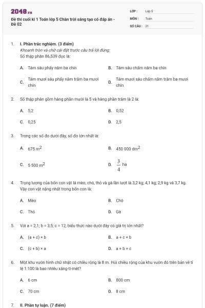 Đề thi cuối kì 1 Toán lớp 5 Chân trời sáng tạo có đáp án - Đề 02
