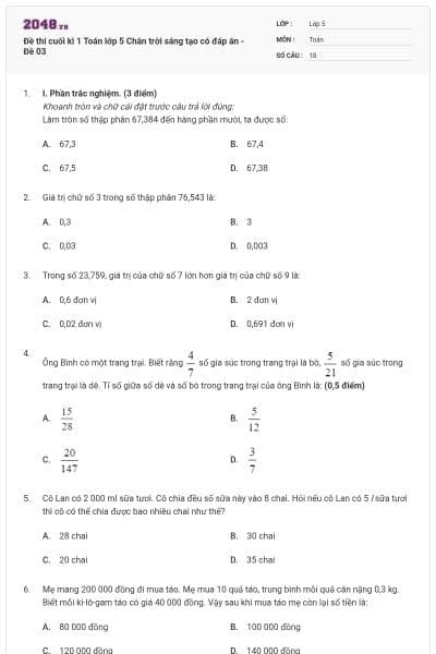 Đề thi cuối kì 1 Toán lớp 5 Chân trời sáng tạo có đáp án - Đề 03