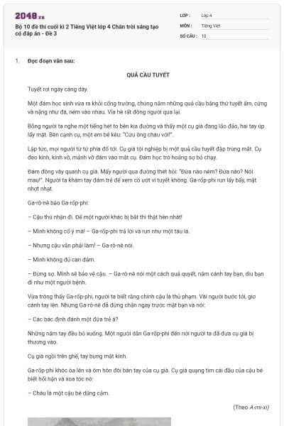 Bộ 10 đề thi cuối kì 2 Tiếng Việt lớp 4 Chân trời sáng tạo có đáp án - Đề 3