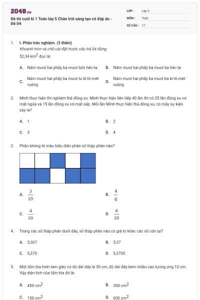Đề thi cuối kì 1 Toán lớp 5 Chân trời sáng tạo có đáp án - Đề 04