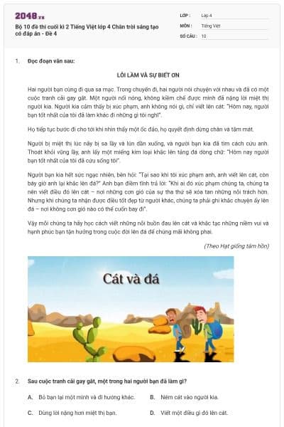 Bộ 10 đề thi cuối kì 2 Tiếng Việt lớp 4 Chân trời sáng tạo có đáp án - Đề 4