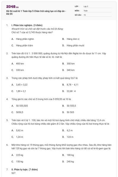 Đề thi cuối kì 1 Toán lớp 5 Chân trời sáng tạo có đáp án - Đề 05