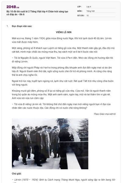 Bộ 10 đề thi cuối kì 2 Tiếng Việt lớp 4 Chân trời sáng tạo có đáp án - Đề 6