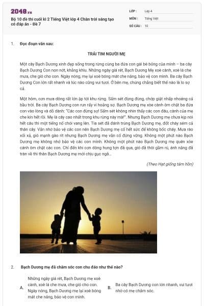 Bộ 10 đề thi cuối kì 2 Tiếng Việt lớp 4 Chân trời sáng tạo có đáp án - Đề 7