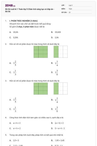 Đề thi cuối kì 1 Toán lớp 5 Chân trời sáng tạo có đáp án - Đề 06