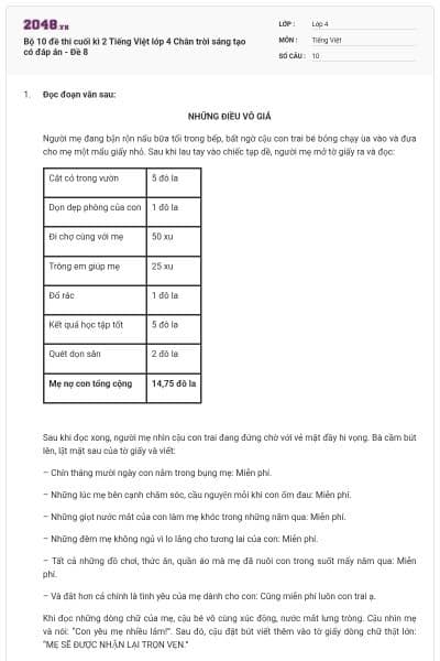 Bộ 10 đề thi cuối kì 2 Tiếng Việt lớp 4 Chân trời sáng tạo có đáp án - Đề 8