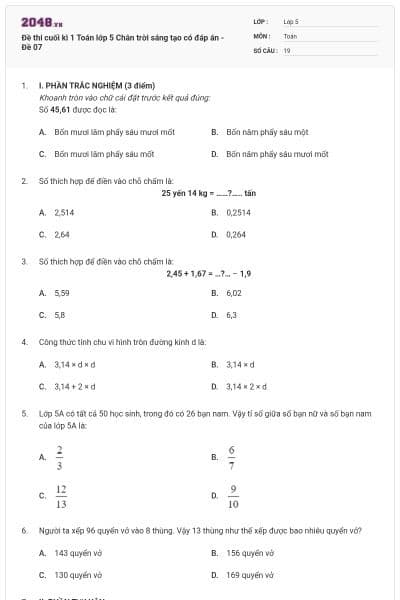 Đề thi cuối kì 1 Toán lớp 5 Chân trời sáng tạo có đáp án - Đề 07