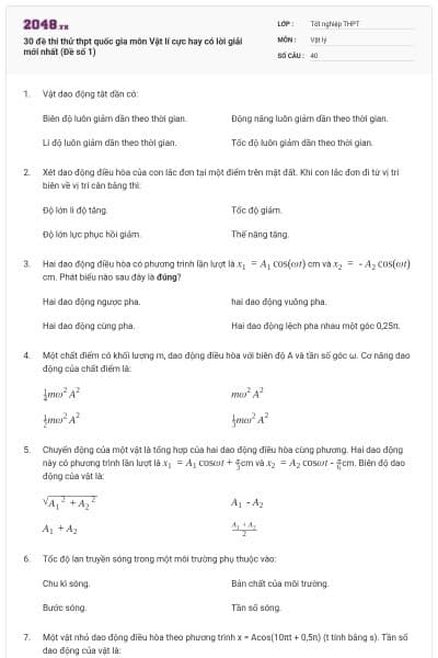 30 đề thi thử thpt quốc gia môn Vật lí cực hay có lời giải mới nhất (Đề số 1)