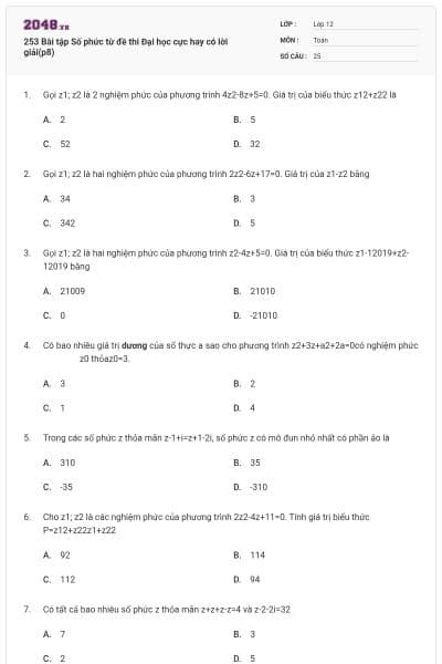 253 Bài tập Số phức từ đề thi Đại học cực hay có lời giải(p8)