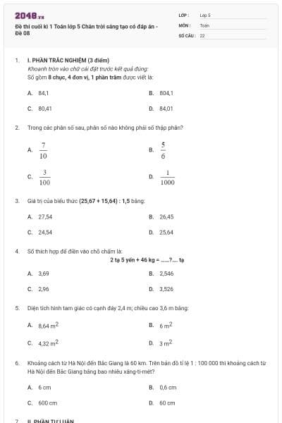 Đề thi cuối kì 1 Toán lớp 5 Chân trời sáng tạo có đáp án - Đề 08
