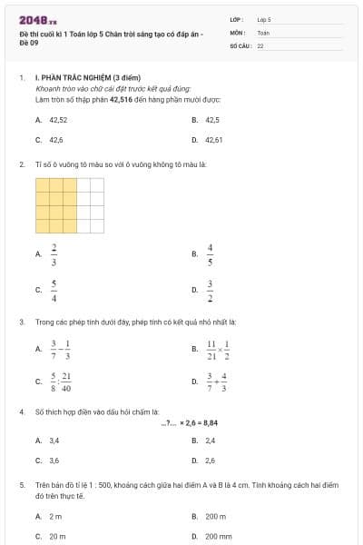 Đề thi cuối kì 1 Toán lớp 5 Chân trời sáng tạo có đáp án - Đề 09