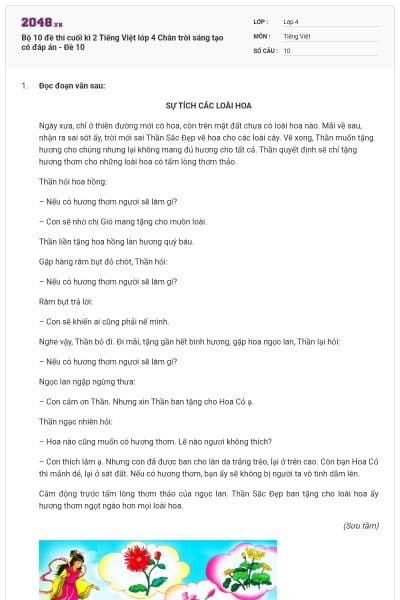 Bộ 10 đề thi cuối kì 2 Tiếng Việt lớp 4 Chân trời sáng tạo có đáp án - Đề 10