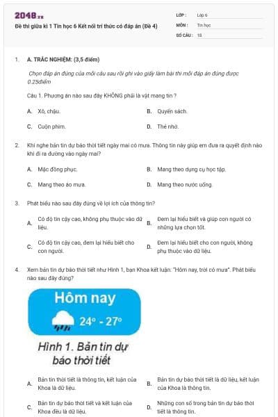 Đề thi giữa kì 1 Tin học 6 Kết nối trí thức có đáp án (Đề 4)