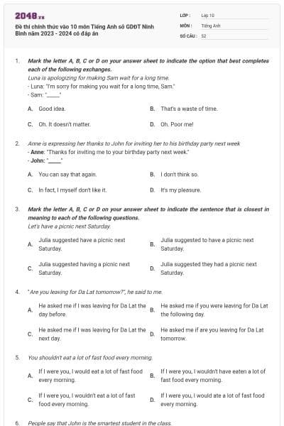 Đề thi chính thức vào 10 môn Tiếng Anh sở GDĐT Ninh Bình năm 2023 - 2024 có đáp án