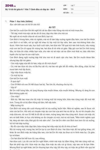 Bộ 10 đề thi giữa kì 1 Văn 7 Cánh diều có đáp án - Đề 8