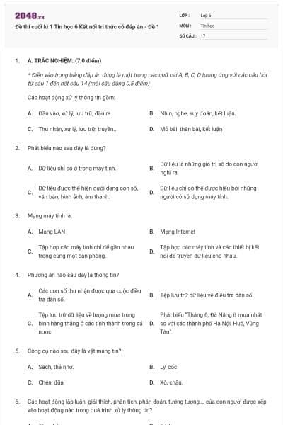 Đề thi cuối kì 1 Tin học 6 Kết nối tri thức có đáp án - Đề 1