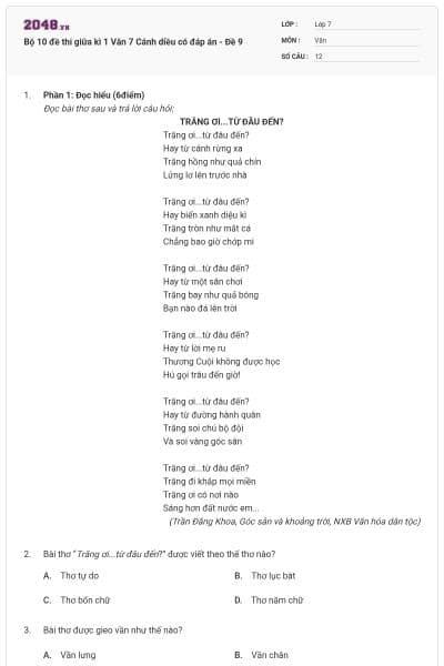 Bộ 10 đề thi giữa kì 1 Văn 7 Cánh diều có đáp án - Đề 9