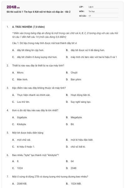 Đề thi cuối kì 1 Tin học 6 Kết nối tri thức có đáp án - Đề 2