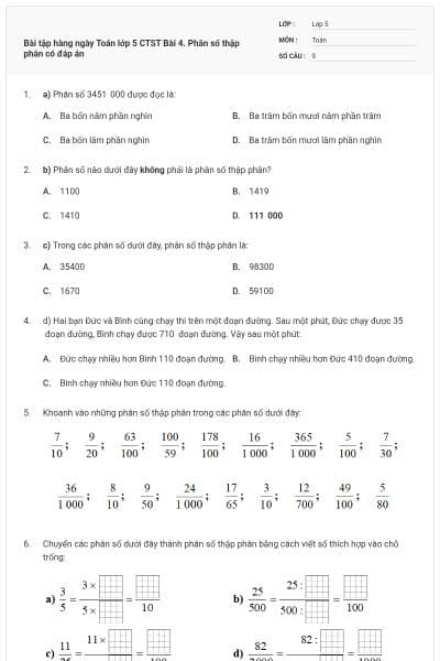 Bài tập hàng ngày Toán lớp 5 CTST Bài 4. Phân số thập phân có đáp án