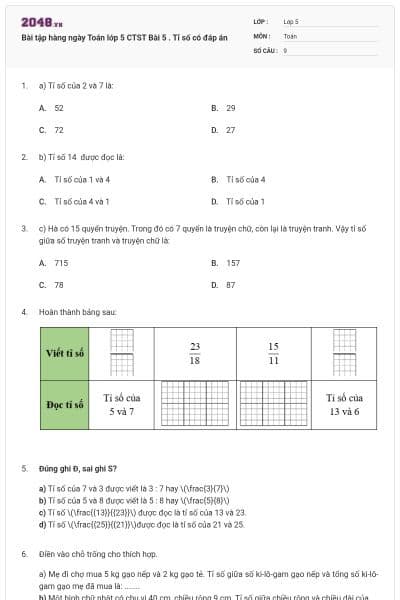 Bài tập hàng ngày Toán lớp 5 CTST Bài 5 . Tỉ số có đáp án