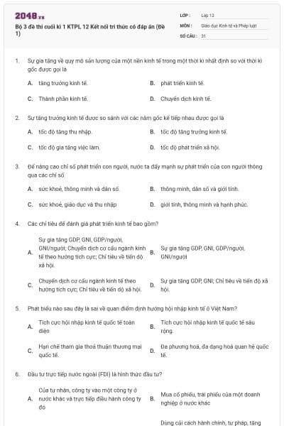 Bộ 3 đề thi cuối kì 1 KTPL 12 Kết nối tri thức có đáp án (Đề 1)