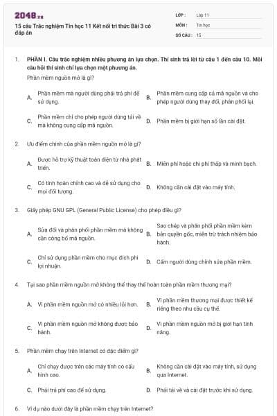 15 câu Trắc nghiệm Tin học 11 Kết nối tri thức Bài 3 có đáp án