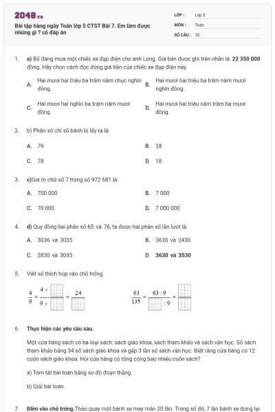 Bài tập hàng ngày Toán lớp 5 CTST Bài 7. Em làm được những gì ? có đáp án