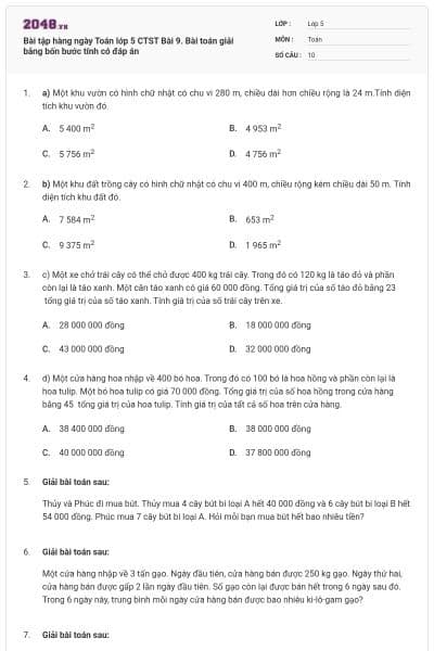 Bài tập hàng ngày Toán lớp 5 CTST Bài 9. Bài toán giải bằng bốn bước tính có đáp án