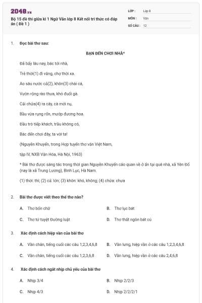 Bộ 15 đề thi giữa kì 1 Ngữ Văn lớp 8 Kết nối tri thức có đáp án ( Đề 1 )