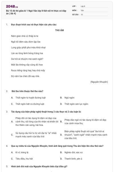 Bộ 15 đề thi giữa kì 1 Ngữ Văn lớp 8 Kết nối tri thức có đáp án ( Đề 4)