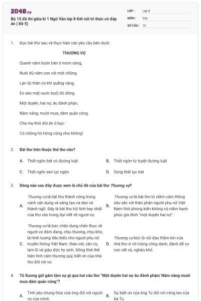 Bộ 15 đề thi giữa kì 1 Ngữ Văn lớp 8 Kết nối tri thức có đáp án ( Đề 5)