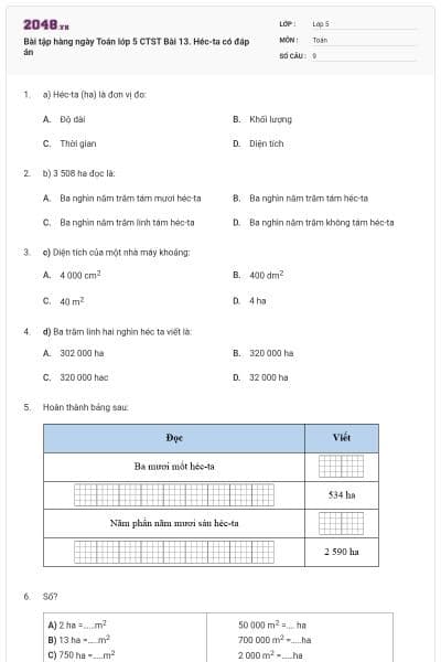 Bài tập hàng ngày Toán lớp 5 CTST Bài 13. Héc-ta có đáp án