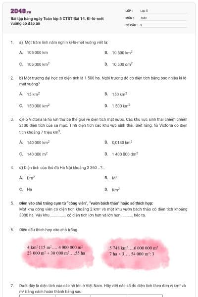 Bài tập hàng ngày Toán lớp 5 CTST Bài 14. Ki-lô-mét vuông có đáp án