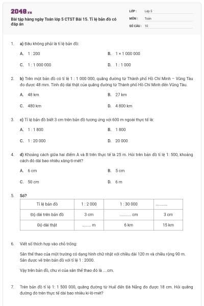 Bài tập hàng ngày Toán lớp 5 CTST Bài 15. Tỉ lệ bản đồ có đáp án