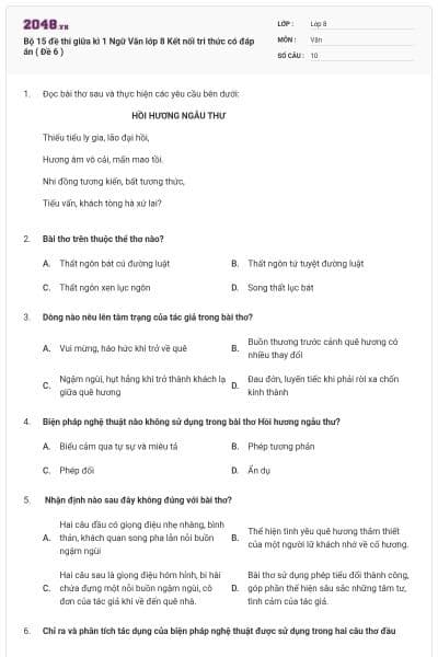 Bộ 15 đề thi giữa kì 1 Ngữ Văn lớp 8 Kết nối tri thức có đáp án ( Đề 6 )