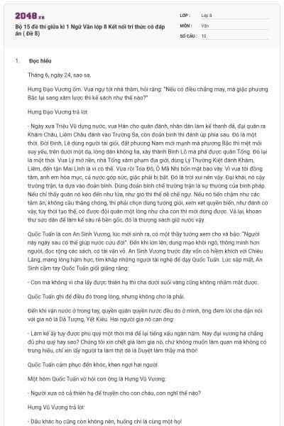 Bộ 15 đề thi giữa kì 1 Ngữ Văn lớp 8 Kết nối tri thức có đáp án ( Đề 8)