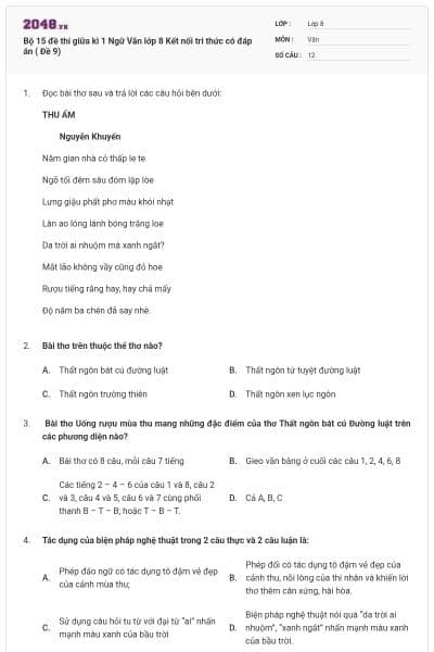 Bộ 15 đề thi giữa kì 1 Ngữ Văn lớp 8 Kết nối tri thức có đáp án ( Đề 9)