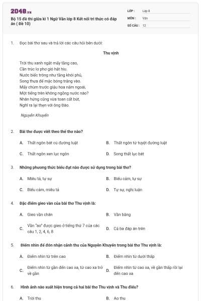 Bộ 15 đề thi giữa kì 1 Ngữ Văn lớp 8 Kết nối tri thức có đáp án ( Đề 10)
